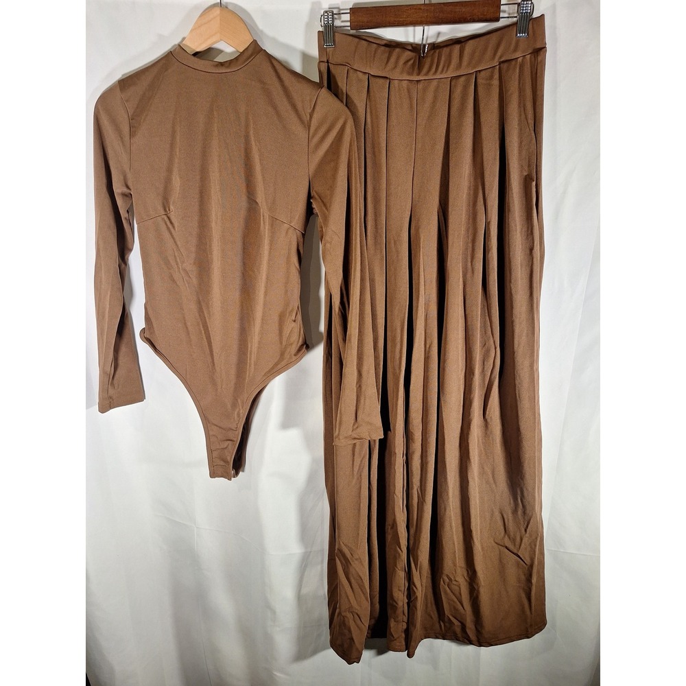 Brown Mock Neck Bodysuit and Wide Leg Pleated Pants 2-Piece Set Women 2XL